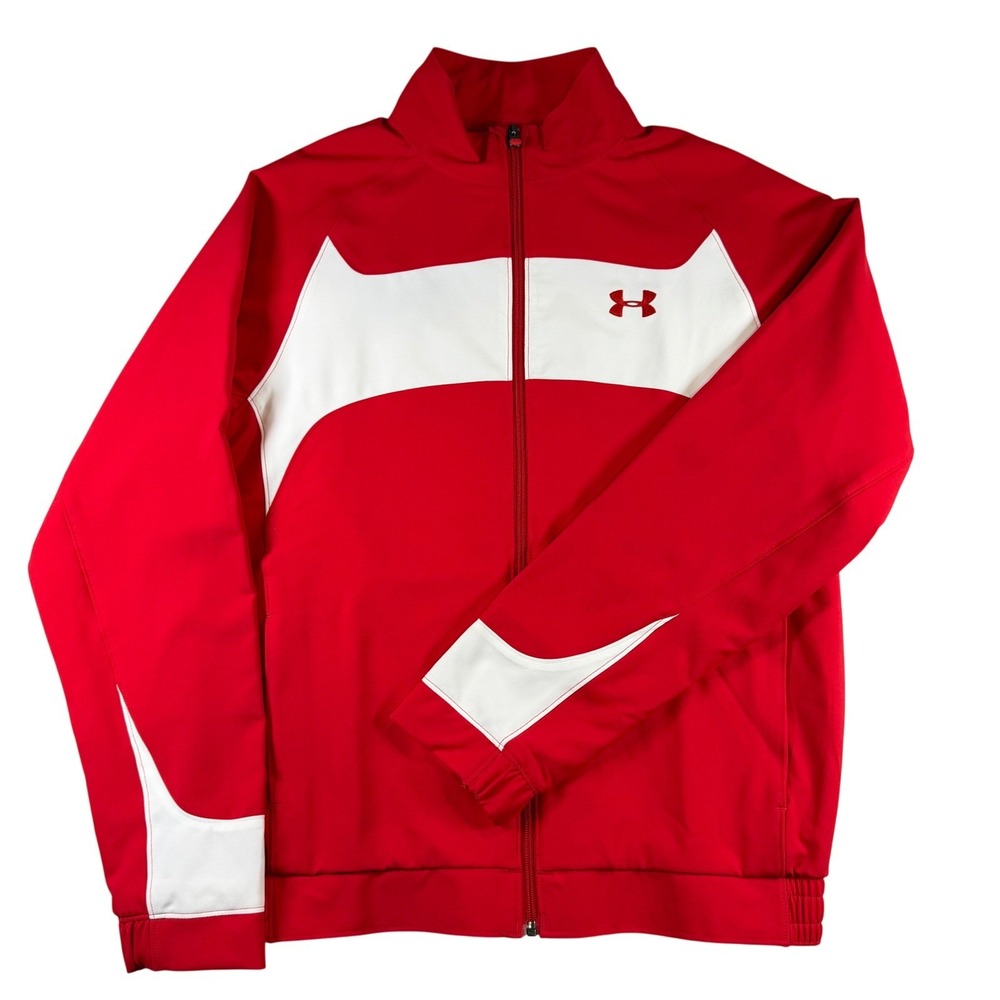 Under Armour Mens Red White Colorblock Full Zip Track Jacket Mesh Lined Size LG